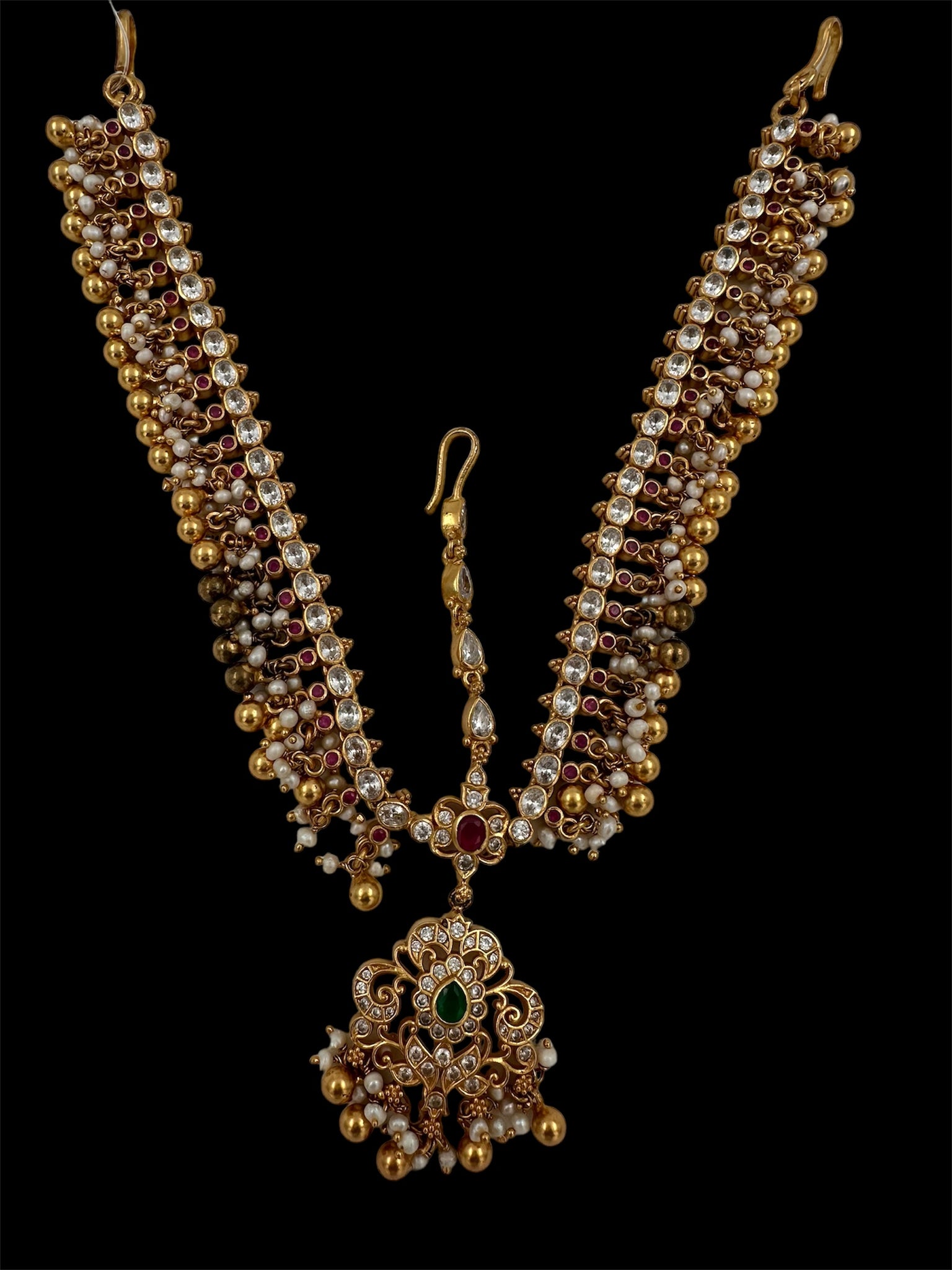 Precious Mangtikka 92.5 Silver CZ with Gold Balls Ruby With Emerald