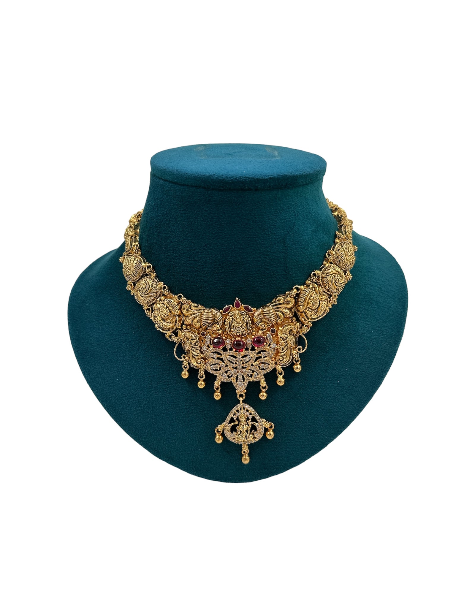 Precious Necklace 92.5 Silver Laxmi design with CZ RUby With Gold police