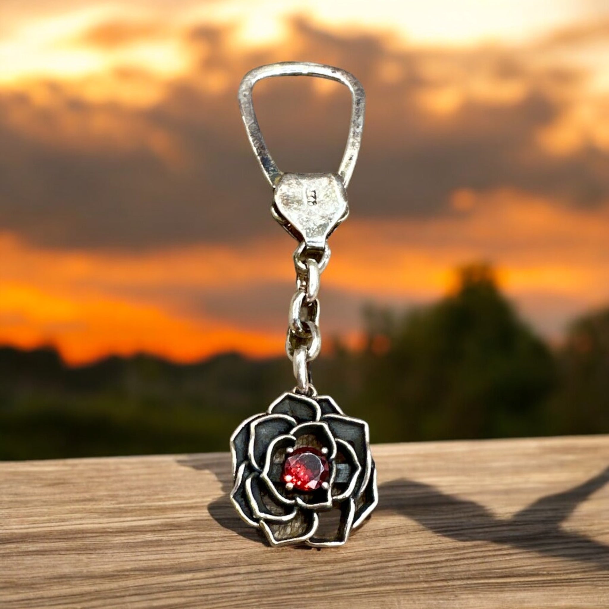 Floral Silver Key Chain 92.5 Silver Antique Finishing With Ruby Stone Rose Flower Modal