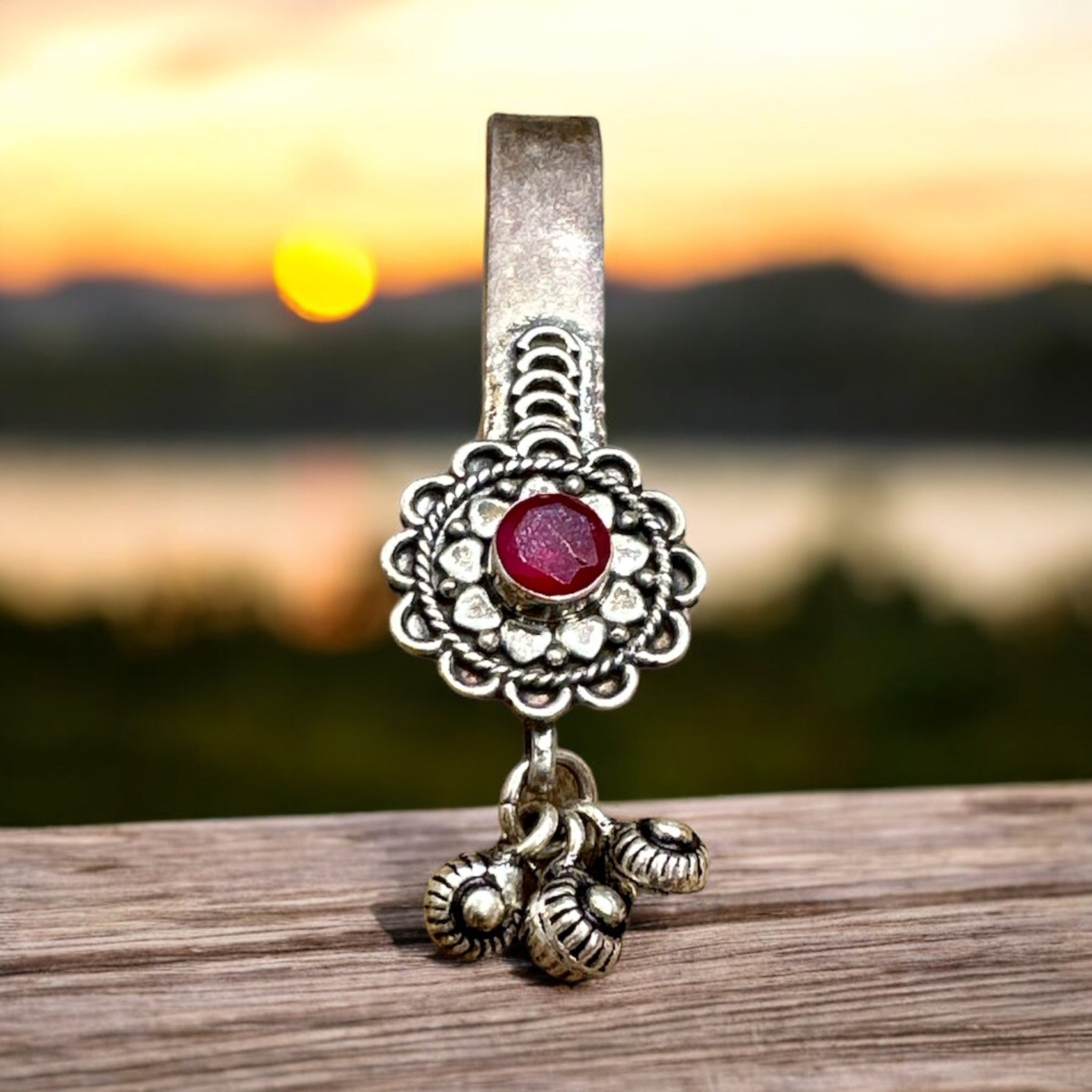 Key Chain with Ruby 92.5 Silver Ruby With Flower Modal Silver Balls Hangings