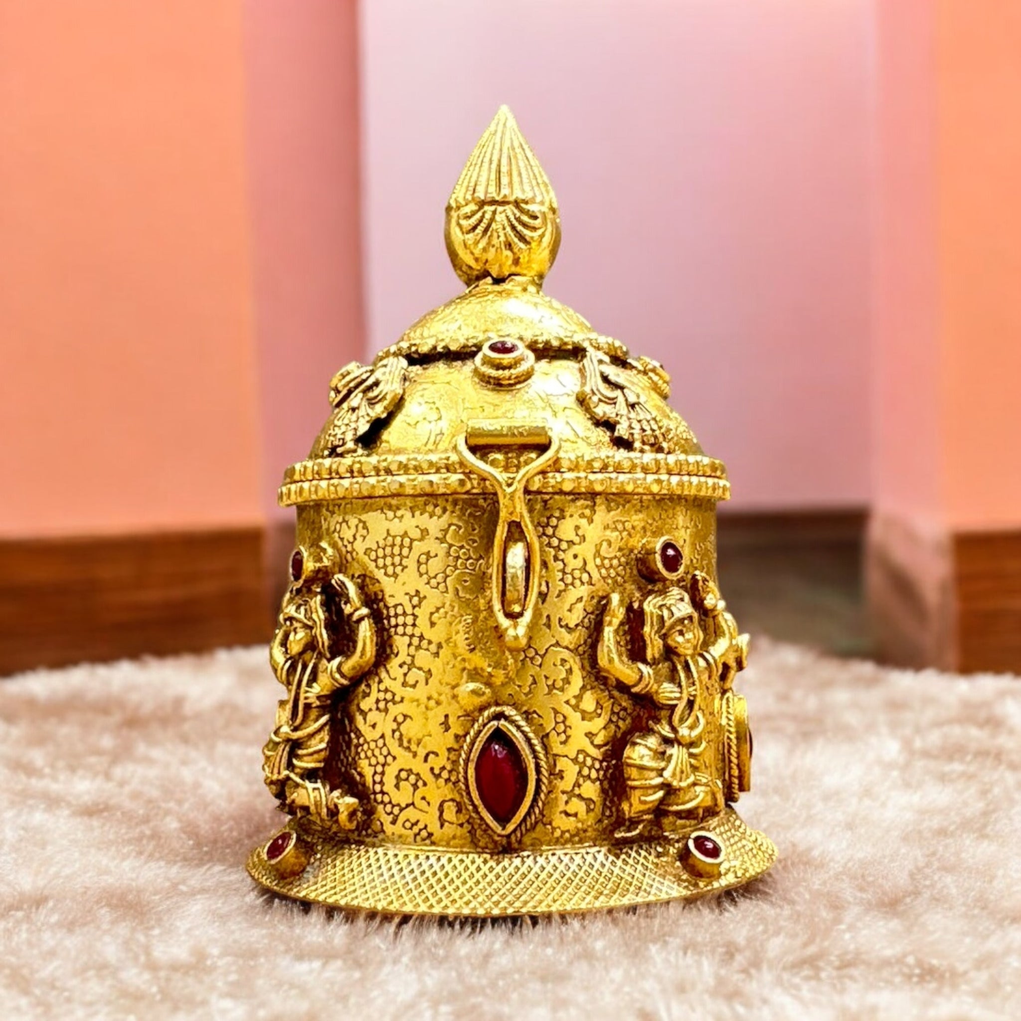 Precious Temple Kum Kum Bharini 92.5 Silver Ruby Stone With Gold Polish