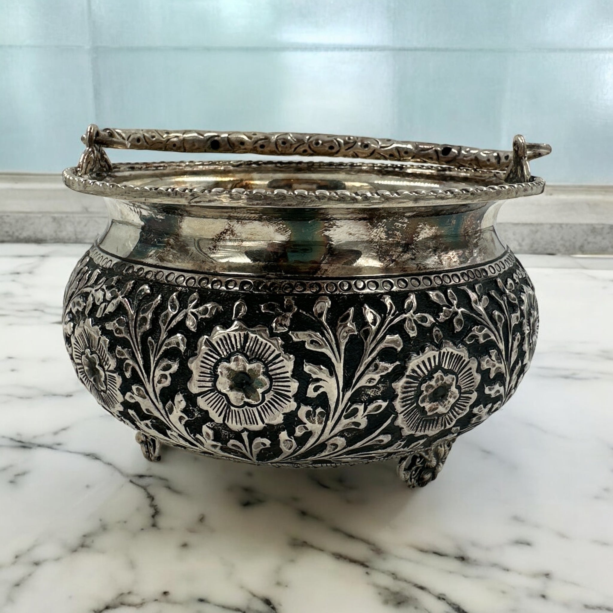 Silver Flower Basket  With Antic  Palish