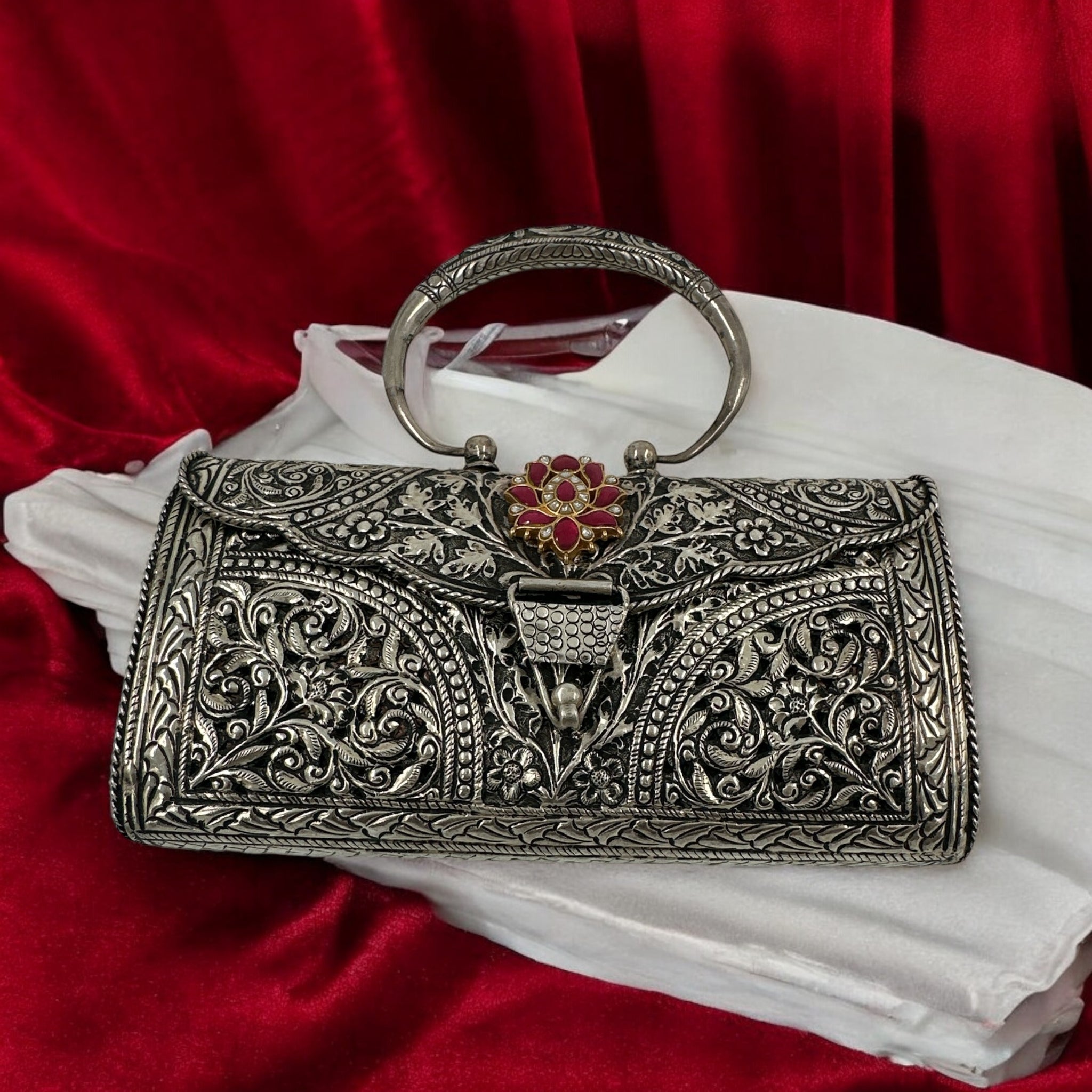 Silver Wallet 92.5   Hand  Purse  With Ruby Stones