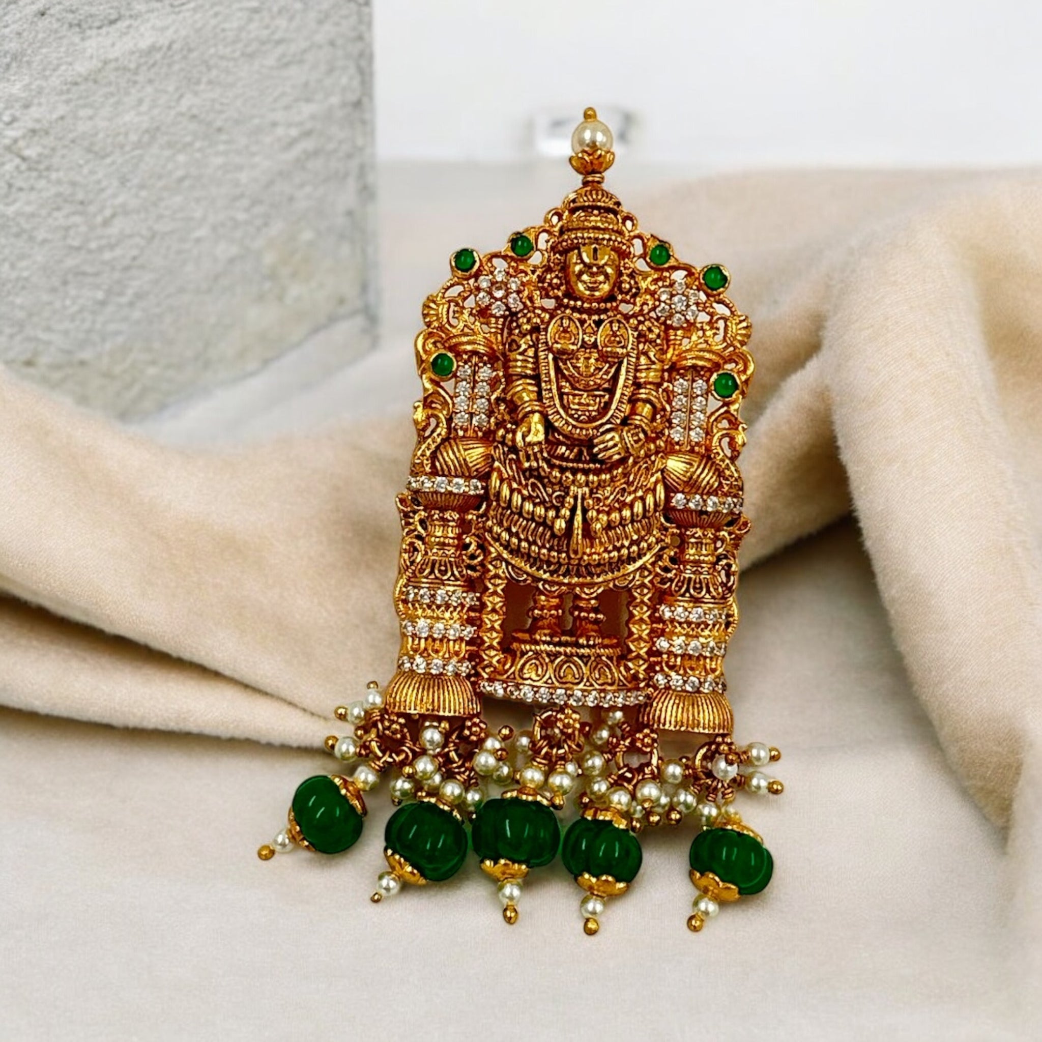 Antique Balaji Pendant 92.5 Silver Balaji  Cz Emeral With Antique Finishing Gold Polish