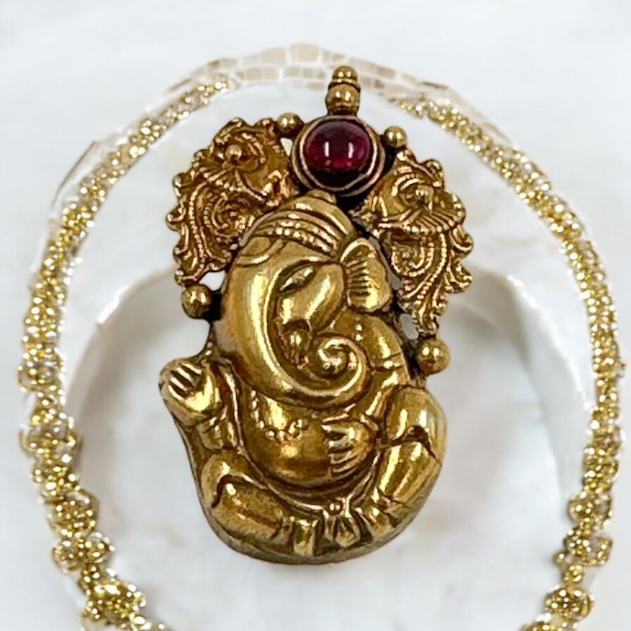 Antique Ganesh Pendant 92.5 Silver Ganesh Ruby Stone With Gold Polish