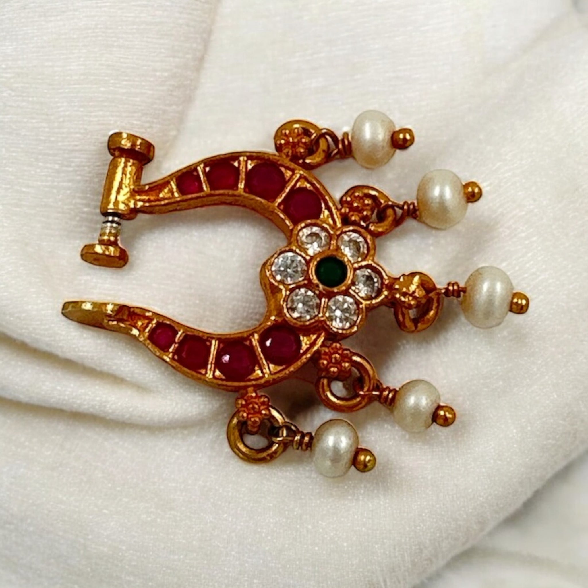 Precious Bridal Nose Pin 92.5 Silver screw Modal Cz Ruby Emerals With Gold Polish