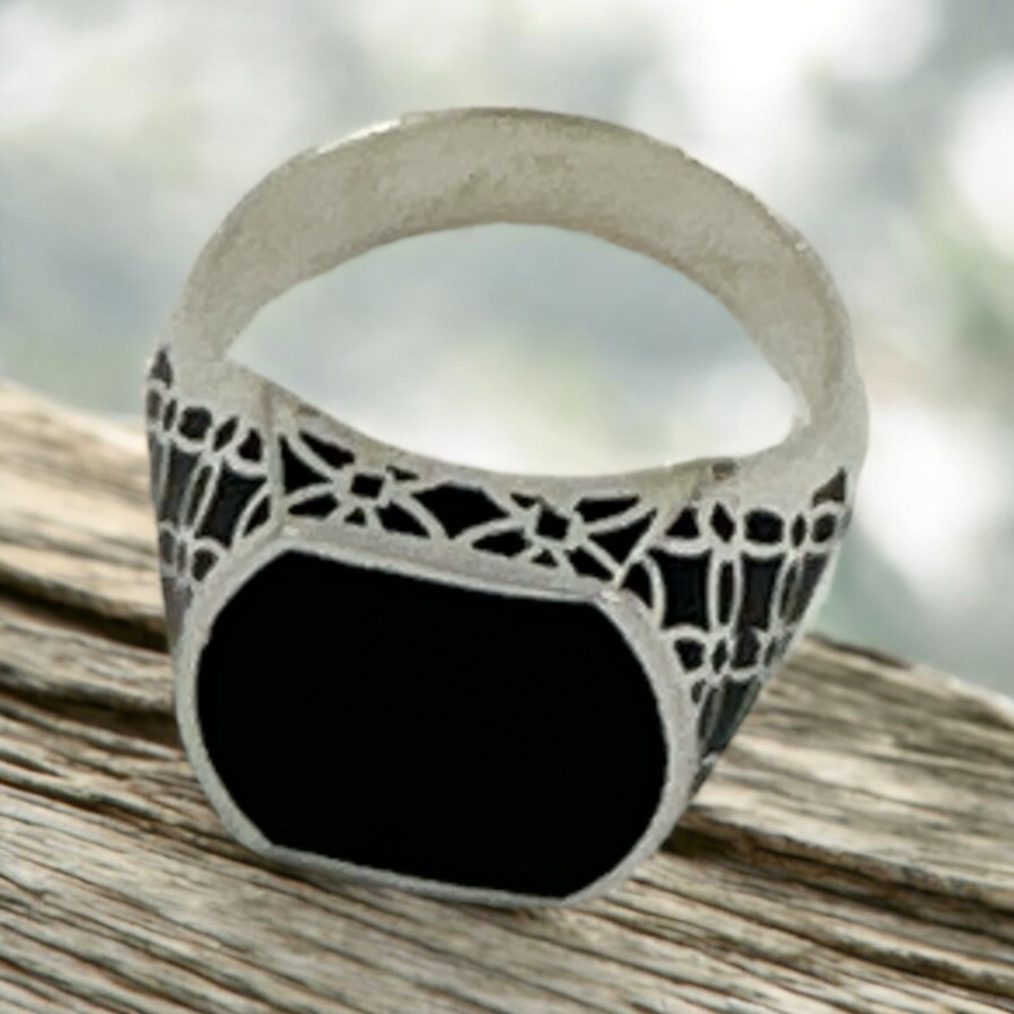 92.5 Silver Fingerring for Men  Plain Black Color With Silver Polish