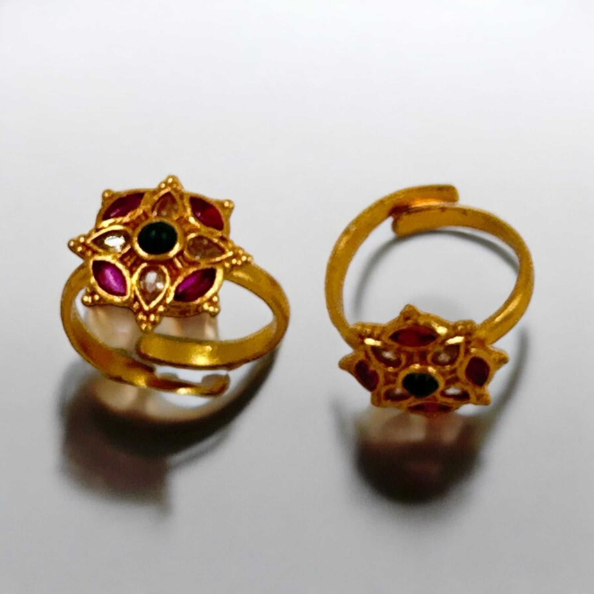 92.5 Silver Toe rings  Ruby And Emerald  Stones Whith Gold Palish