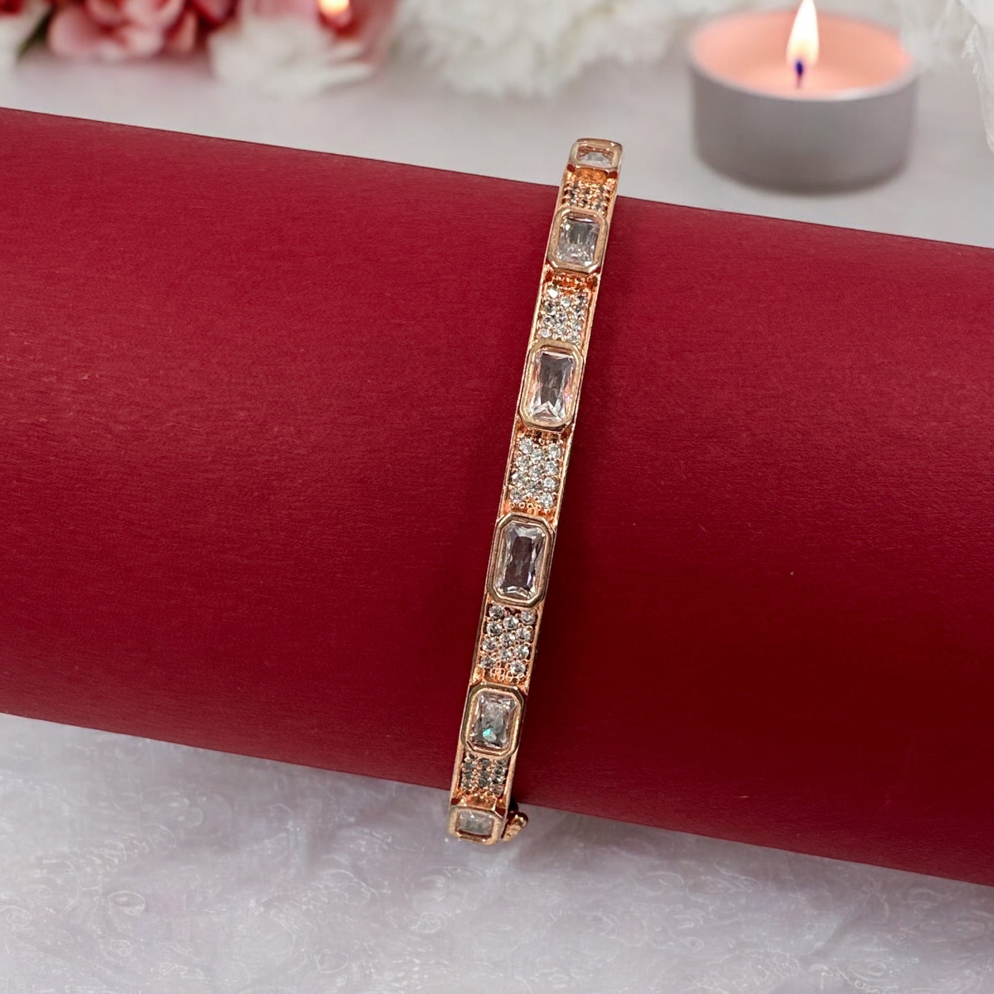 Swaroski Bracelet 92.5 Silver for Her CZ Stone With Kada Moddal With Rose Gold POlish